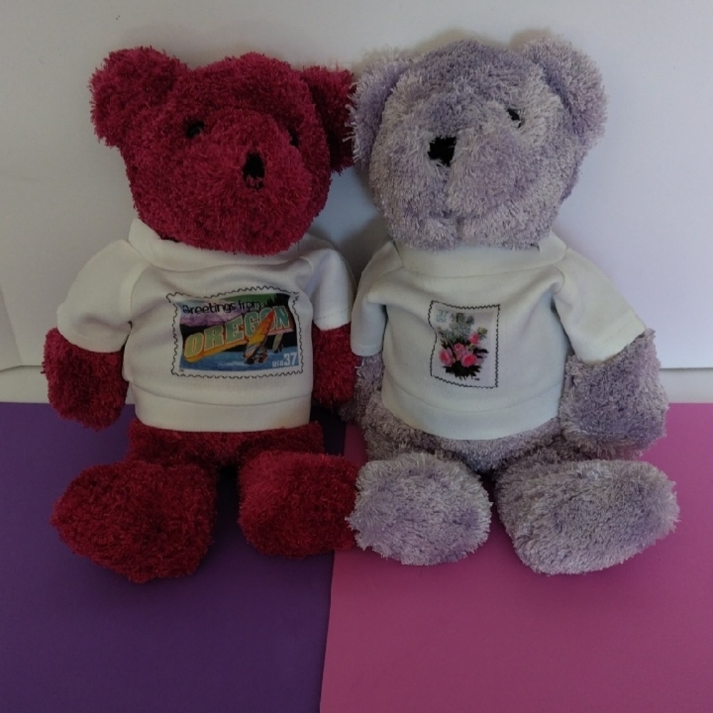 Pair of Pink and Lavender Plush Teddy Bears with "USPS Stamp" on the Tees
